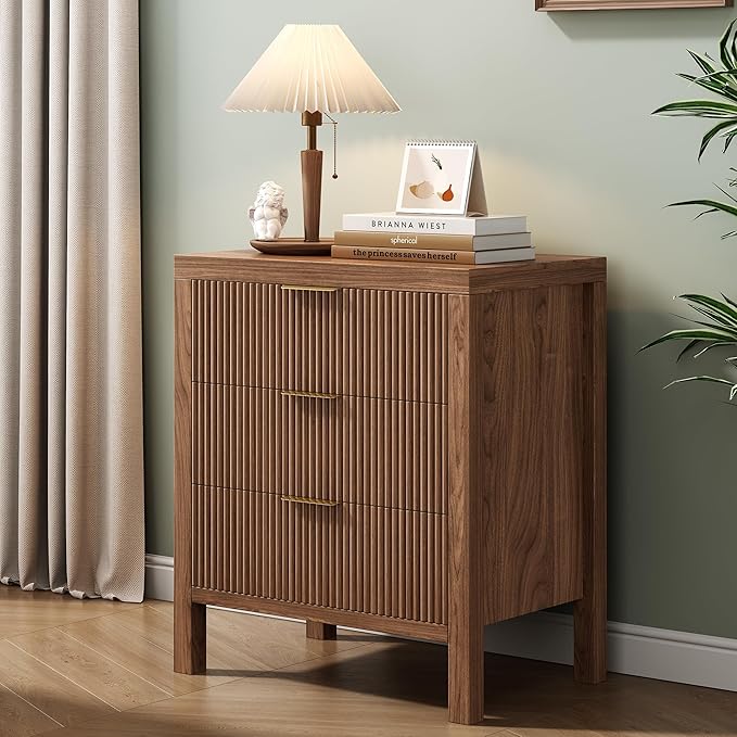 Nightstand with 6 Drawers, Dresser and Nightstand Sets, Bedside Tables, Mid Century Nightstands with 6 Wide Drawers for Bedroom, Kids’ Room, Hallway, （Walnut X 2pcs）