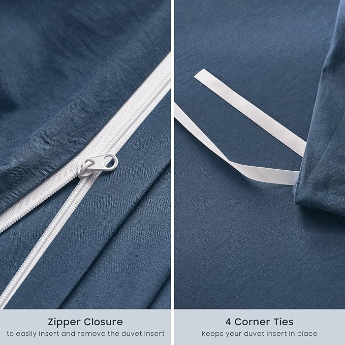 Wake In Cloud - Cotton Duvet Cover Set, 100% Washed Cotton, Linen Like Textured, Breathable Durable Comfy Farmhouse Neutral Bedding Set, 3 Pieces, Navy Blue, Twin/Twin XL Size
