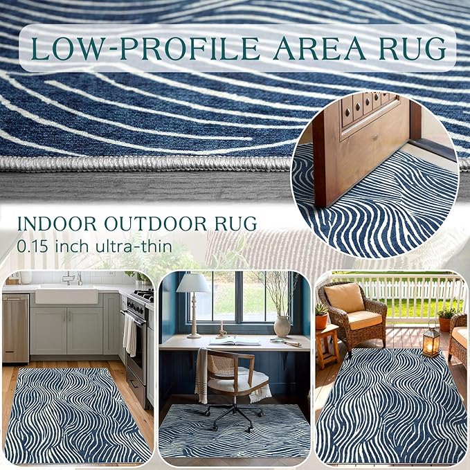 3x5 Modern Entry Rug - Small Washable Indoor Outdoor Mats for Front Door Non-Slip Porch Rug Blue White Ocean Wave Striped Throw Rugs for Living Room Bedroom Entryway Kitchen Office Porch Decor