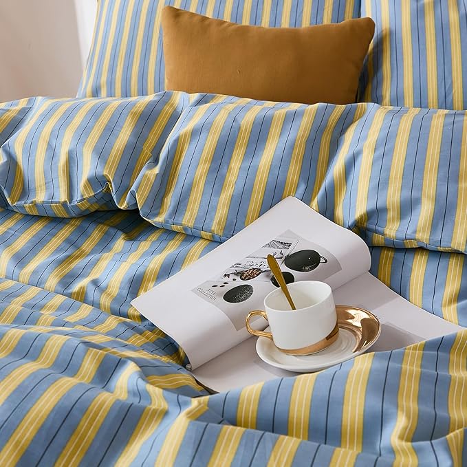 Merryword 100% Cotton Duvet Cover Set King Size, Blue & Yellow Striped Bedding Set with Zipper Closure and 8 Corner Ties, Modern Coastal Style Comforter Cover Set 3 Pieces