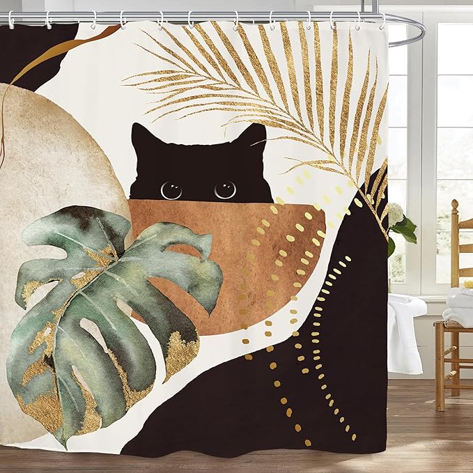 Yookeb Abstract Mid Century Bathroom Shower Curtain 60W by 71H Inch Cat Vintage Minimalist Plant Monstera Brown Aesthetic Polyester Fabric 12 Plastic Hooks Waterproof Decor