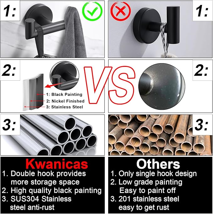 Towel Hooks For Bathrooms, Matte Black Towel Hook For Kitchen Bathroom, SUS304 Stainless Steel Coat Hook, Heavy Duty Double Towels Holder Hooks For Hanging Towels,Coats,Clothes,Wall Mount, 4Pack