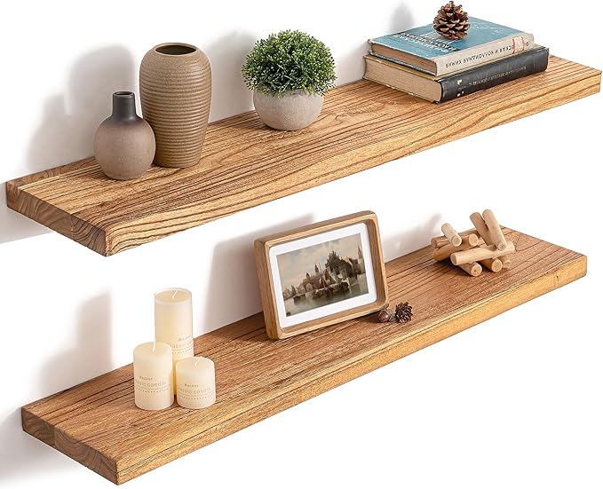 36 Inch Floating Shelves for Wall, 8"D High End Solid Hardwood Shelves for Decor Storage, Rustic Wall Shelves with Invisible Heavy Duty Brackets for Living Room, Kitchen, Bathroom, Natural, 2 Pack