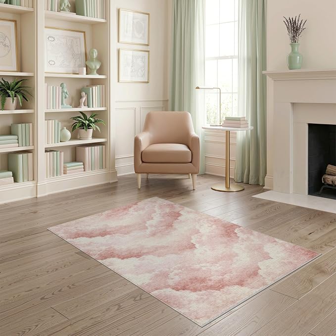 4'x6' Washable Cottagecore Cloud Area Rug, White Flatwoven Floor Mat for Home Office, Gaming Room, Under Desk, Non-Slip Chair-Friendly Carpet | Ref:2208259