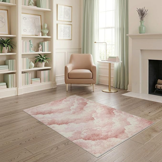 4'x6' Washable Cottagecore Cloud Area Rug, White Flatwoven Floor Mat for Home Office, Gaming Room, Under Desk, Non-Slip Chair-Friendly Carpet | Ref:2208259