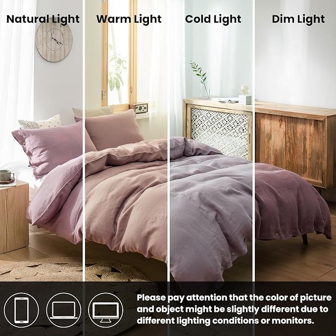 Simple&Opulence 100% Linen Duvet Cover Set 3pcs with Coconut Button Closure Natural French Washed Flax Solid Color Soft Breathable Farmhouse Bedding - Purple, Full Size