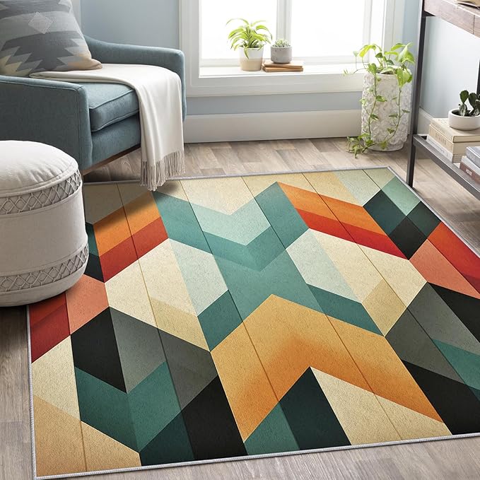 Geometric Rugs for Bedroom - Washable Mid Century Modern Rugs for Living Room - 7x7 ft - Abstract MCM Design Area Rug & Home Decor - Retro Indoor Carpet with Non Slip Backing