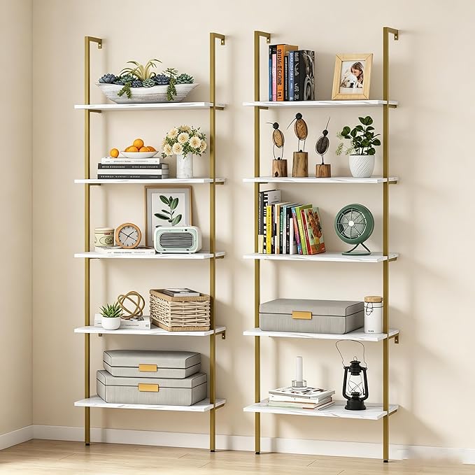 Wolawu Ladder Shelf 5 Tiers Wall Mounted Bookshelf 2-Piece White Marble Modern Bookshelf Open Tall Storage Bookcase Standing Leaning Wall Shelves Industrial Decorative for Home Office Living Room