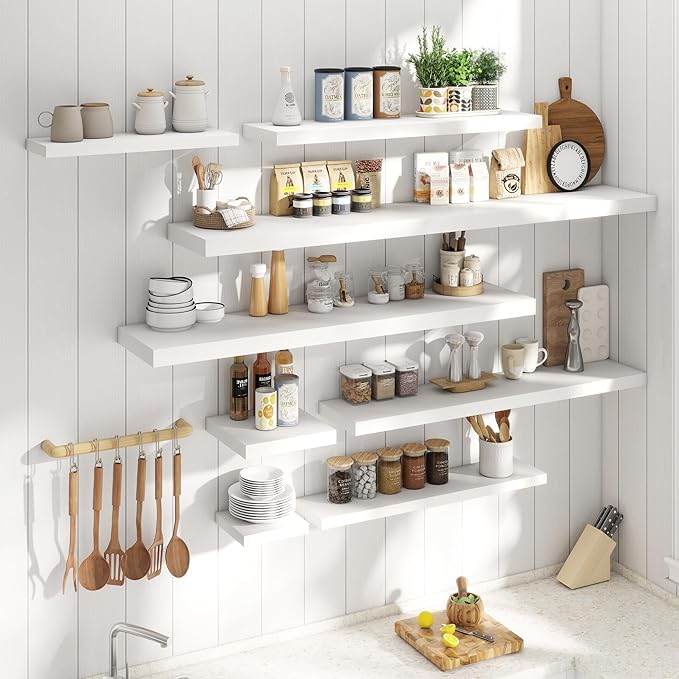 Floating Shelves for Wall with Invisible Brackets, Wall Mounted Engineered Wood Shelves with Wood Grain for Living Room, Bedroom, Bathroom, Kitchen Decor and Storage, Oak, 40"L Set of 2, White