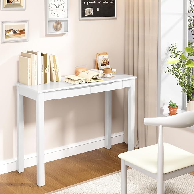 Solid Wooden Desk with Drawers - 39 x 16 Inch Simple Narrow Desks, Rubber Wood Study Table, Small Writing Desk for Bedroom|Small Spaces - White Modern Desks