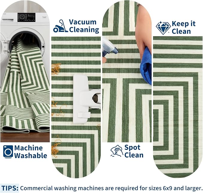 6x9 Washable Area Rugs for Living Room Modern Geometric Rug Non Slip Abstract Lines Soft Bedroom Carpet Low Pile Floor Mats for Bedroom Dining Home Office, Green