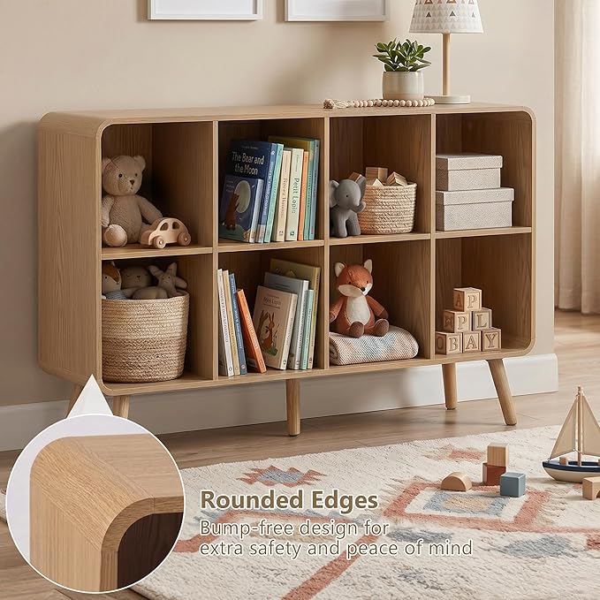 YOSHOOT 8 Cube Bookshelf - 46.5" Wood Cube Bookcase with Legs, Open Cubby Bookshelves with Curved Profile Design for Bedroom, Living Room,Home Office, Nature