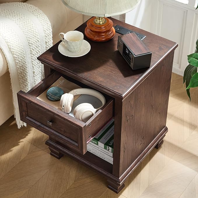 Farmhouse End Tables Living Room with Drawer, Rustic Wood Nightstand with Charging Station, Brown Bedside Table with Open Shelf for Bed Room, Living Room, Walnut