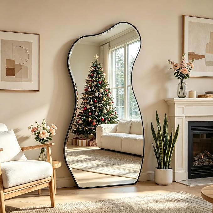 POZINO Large Irregular Beveled Mirror, 63"x32" Asymmetrical Wall Mirror with Metal Frame, Full Length Organic Floor Mirrors for Entryway Living Room Cloakroom Hallway, Leaning/Wall-Mount