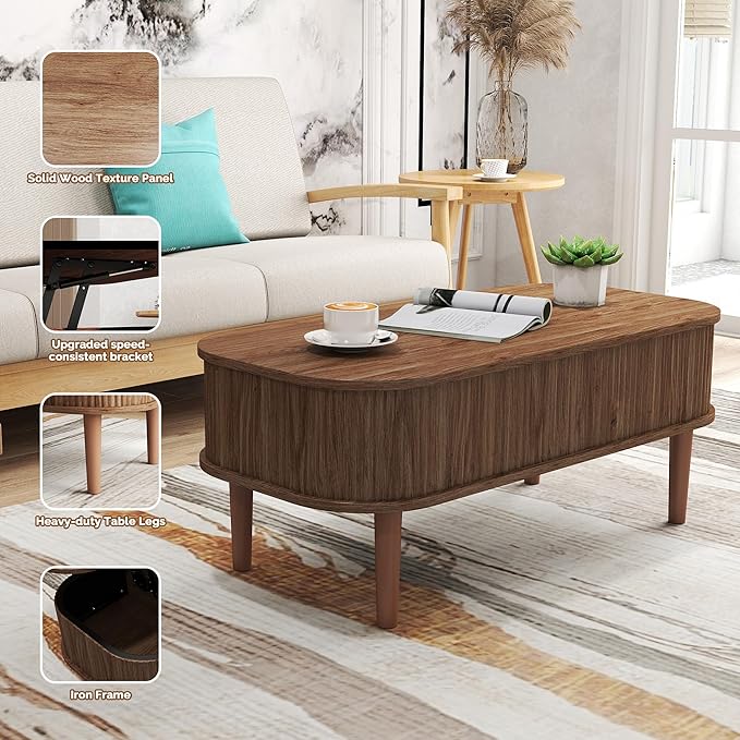 Fluted Lift Top Coffee Table with Hidden Storage, Oval Coffee Table with Lifting Top, Mid Century Modern Design for Living Room, Office & Small Spaces(Walnut)