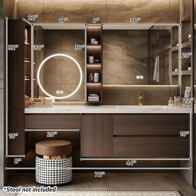Floating Bathroom Vanity with Makeup Table, Single Sink Bathroom Vanity Includes LED Smart Defog Mirror with Open Shelf and Side Storage Cabinet, Wall-Mount Vanities with Drawers (Walnut B,72")