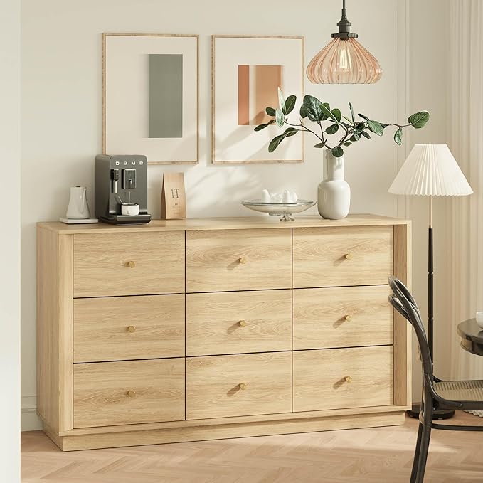 9 Drawer Dresser, Mid Century Modern Dresser with Storage, 55" Wide Chest of Drawers with Wood Grain Texture, Dressers TV Stand for Bedroom, Living Room, Hallway, Gold Oak