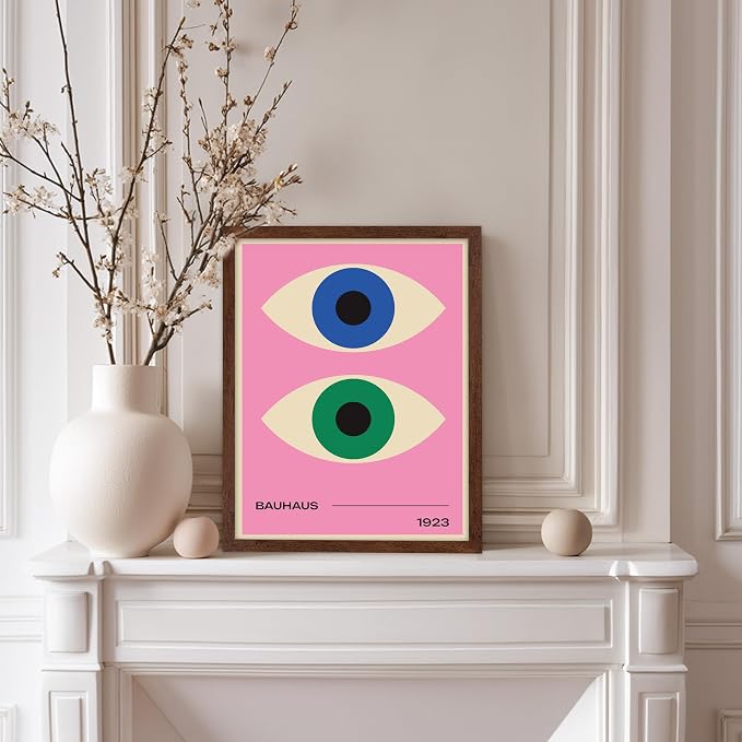 Poster Master Bauhaus Poster - Eyes Print - Abstract Circles ART - Graphic Design ART - Geometric Style - Chic Boho - Mid Century Modern - Living Room or Bedroom Decor - 11x14 Brown Framed