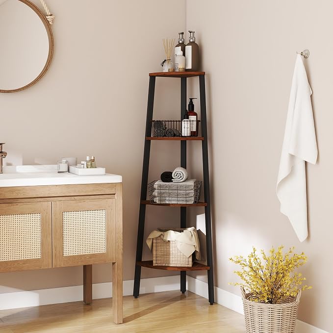 Corner Shelf, 4 Tier Ladder Corner Bookshelf, Display and Bookshelf Stand Unit, Anti Tip Feature, Space Saving, Ideal for Plants, Books, Living Room, Bedroom, Walnut