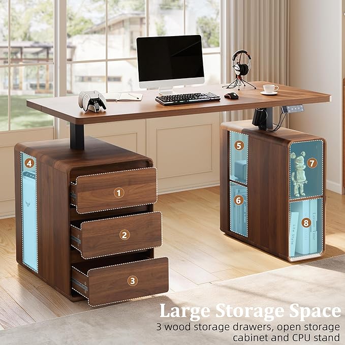 AVZEAR Farmhouse Electric Standing Desk, 55" Height Adjustable Computer Stand up Desk with 3 Drawers and Storage Shelf, Mid Century Modern Home Office Desk Wood Sit Stand Desks for Work, Study, Walnut