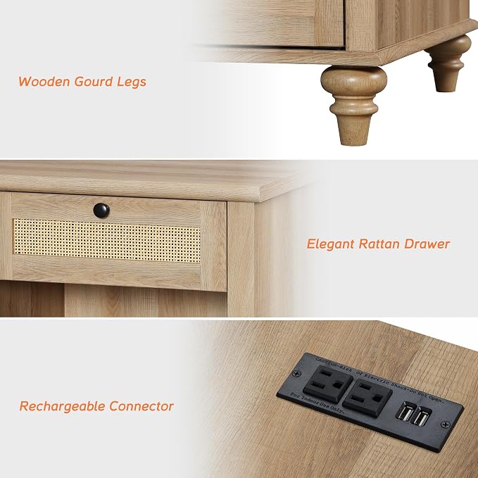 WAMPAT Rattan End Table with Charging Station for Living, Small Sofa Side Table with 2 Drawers & Open Shelf, Farmhouse Wooden Night Stand Retro Bedside Table for Living Room, Light Oak