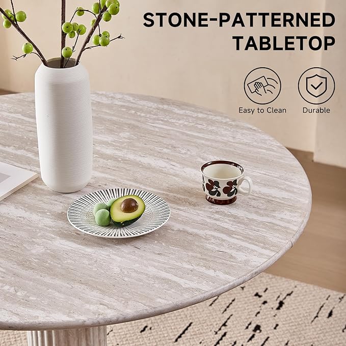 47" Round Dining Table for 4, [Cylinder Pedestal Base] [Stone-Patterned] Modern Circle Dinner Table for Kitchen Dining Living Room, Grey