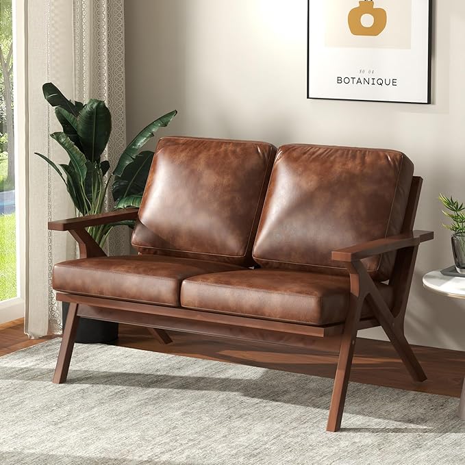 Bonzy Home 51.6" Loveseat Sofa Mid-Century Faux Leather Accent Chair, Upholstered 2-Seat Couch Loveseat with Solid Wood Frame and Cushions, Small Sofa Couch Armchair for Living Room, Bedroom,Brown