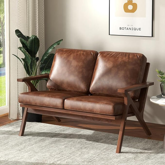Bonzy Home 51.6" Loveseat Sofa Mid-Century Faux Leather Accent Chair, Upholstered 2-Seat Couch Loveseat with Solid Wood Frame and Cushions, Small Sofa Couch Armchair for Living Room, Bedroom,Brown