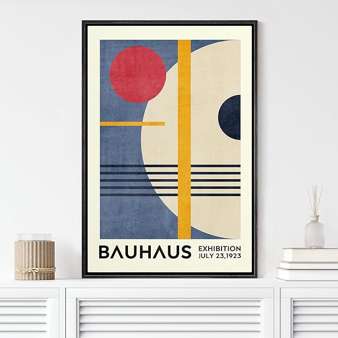 MUDECOR Framed Canvas Print Wall Art Red & Blue Bauhaus Geometric Display Abstract Shapes Illustrations Fine Art Mid-Century Modern Multicolor for Living Room, Bedroom, Office - 24"x36" Black