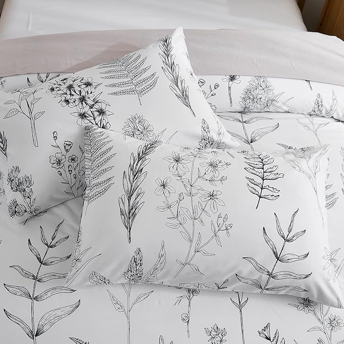 Cozeline 100% Cotton Duvet Cover King Size, Black and White Leaf Pattern Bedding Set with Zipper Closure, 3 Pcs Breathable and Soft Floral Duvet Cover for All Season