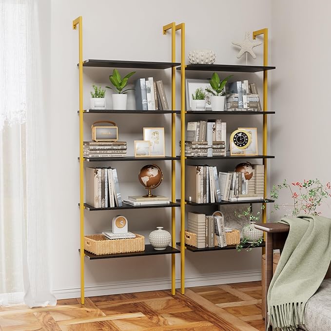 Modern Trapezoid Open Shelving Unit - 5-Tier, Wall-Mounted, High-Strength MDF & Metal