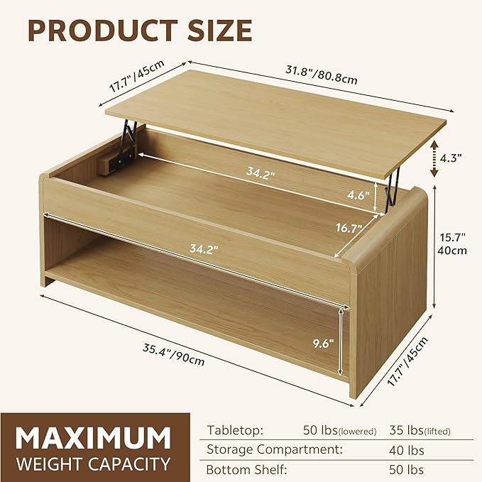 Lift Top Coffee Table, 35'' Multi-Function Coffee Table with Hidden Compartment & Open Shelf, Curved Profile Design, Converts to Home Office Table, Dining Table for Living Room, Natural