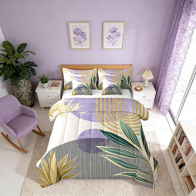 Erosebridal Mid Century Comforter Set King Abstract Bohemian Aesthetic 7 Pcs Bedding Sets,Minimalist Modern Boho Bed in a Bag Vintage Geometric Circle Line Quilt with Flat Fitted Sheet,Purple Gold