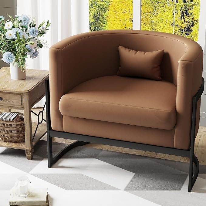 Brown Faux Leather Barrel Accent Chair Modern Upholstered Armchair for Living Room Bedroom Single Sofa Chair Club Side Chairs