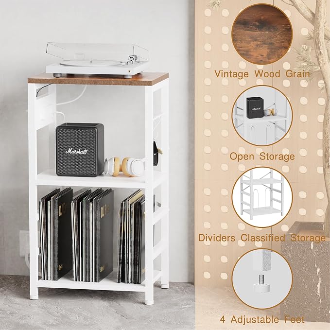 YAKANJ End Table with LED Light,Record Player Stand with Charging Station,Vinyl Records Storage,Turntable Stand Albums Storage for Music Room Studio-Industry White