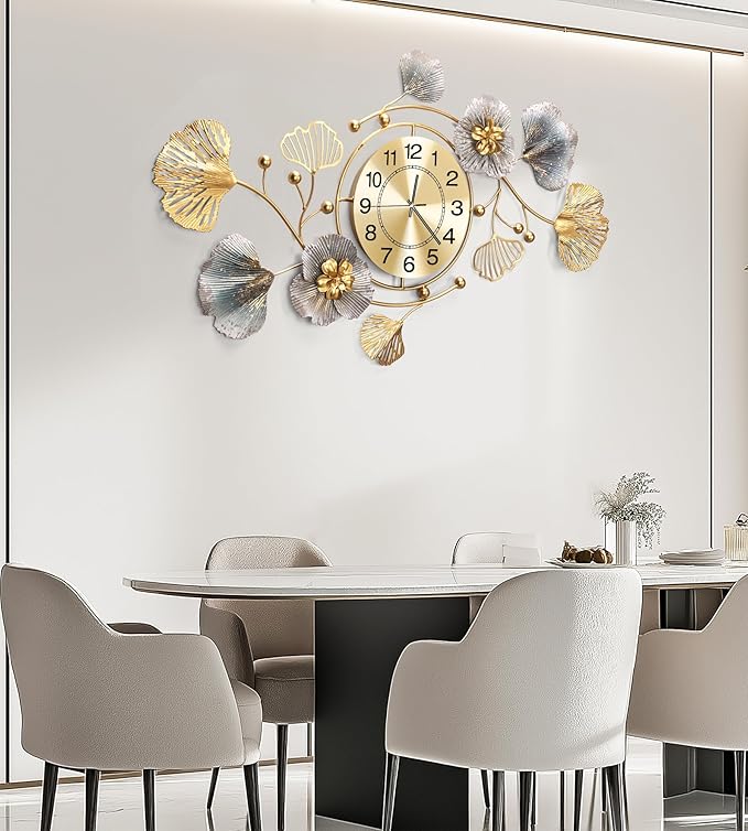 Clocks for Living Room, Large Wall Clock, 3D Silent Wall Clock, Retro Metal Ginkgo Leaf Design, for Bedroom Kitchen Decorative Wall Clocks（35''x20'' ）