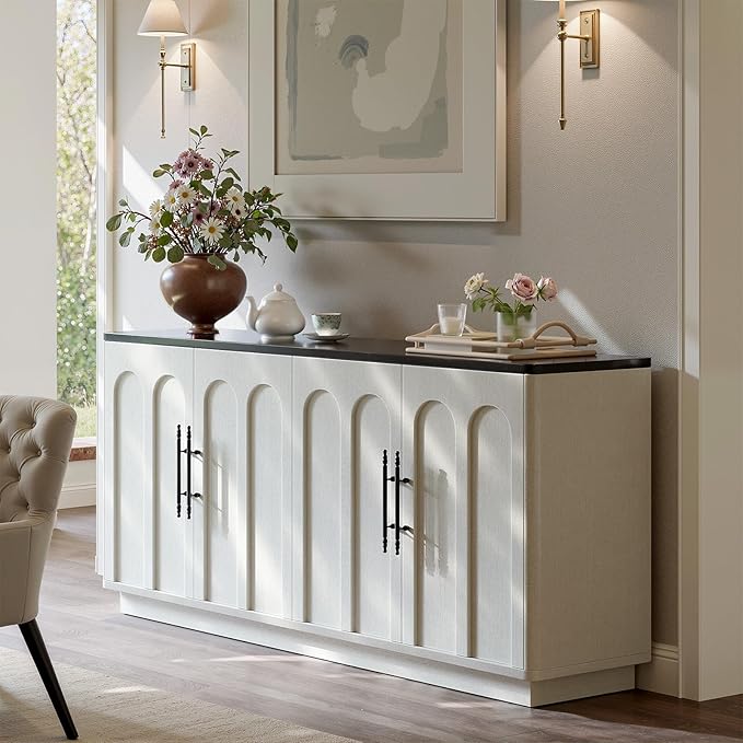 Evermagin 67" Arched Buffet Cabinet with Storage, Warm White 4-Door Sideboard Credenza, Mid Century Modern Storage Cabinet for Kitchen, Dining Room and Living Room, 67" W x 31.5" H x 15.7" D