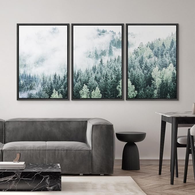 SIGNWIN Framed Canvas Print Wall Art Set Aerial View Foggy Mountain Forest Nature Wilderness Photography Modern Art Rustic Landscape Relax/Calm for Living Room, Bedroom, Office - 16"x24"x3 Black