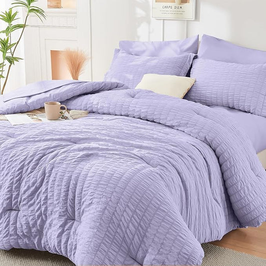 HYMOKEGE Light Purple Queen Comforter Set Seersucker 7 Pieces, All Season Luxury Bed in a Bag Queen for Bedroom, Bedding Set with Comforter, Sheets, Pillowcases & Shams