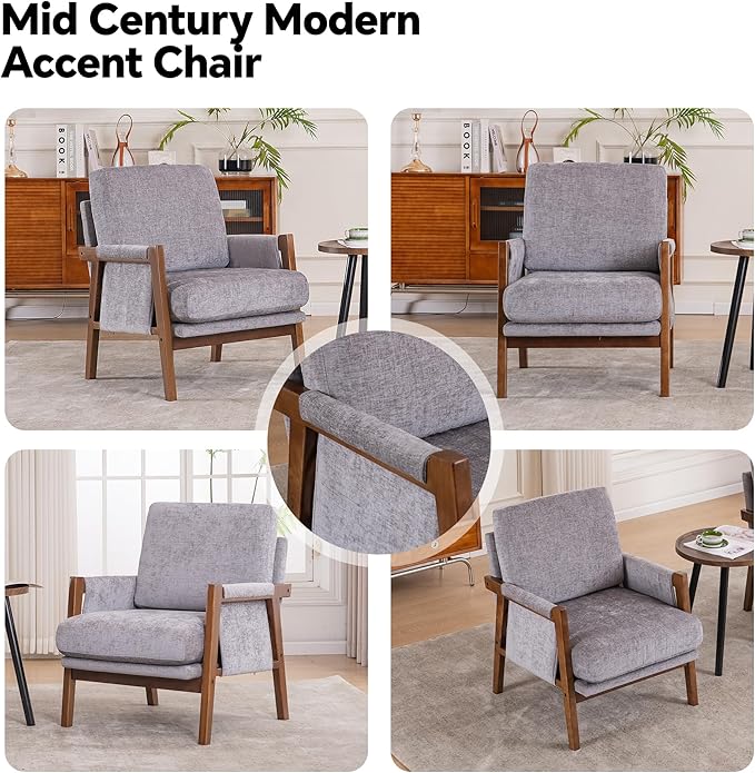 Mid Century Modern Accent Chairs Set of 2 with Solid Wood Frame, Upholstered Living Room Chairs with Wide Armrest, Chenille Fabric Lounge Reading Arm Chair for Bedroom, Reading Room, Gray