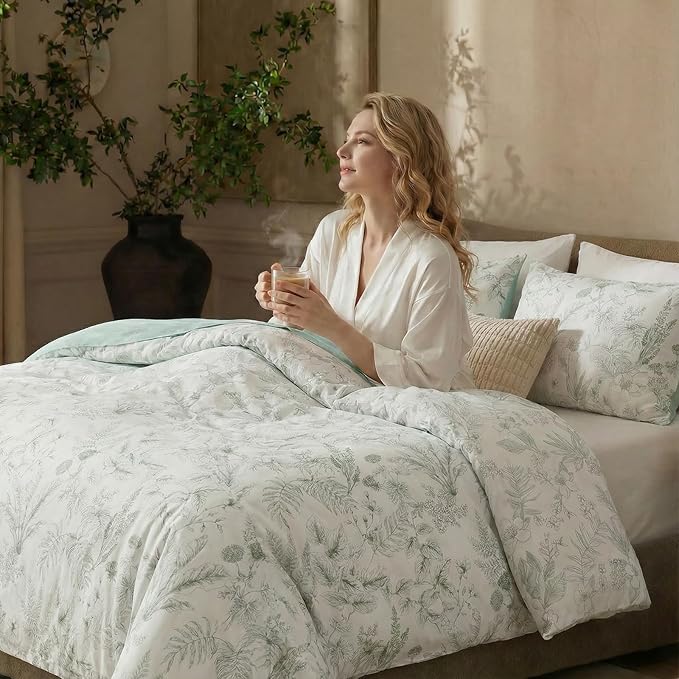 Duvet Cover Set King Size 100% Nature Cotton Reversible Botanical King Duvet Cover Set 3 Pieces Soft & Breathable Bedding Set with Zipper Closure & Corner Ties