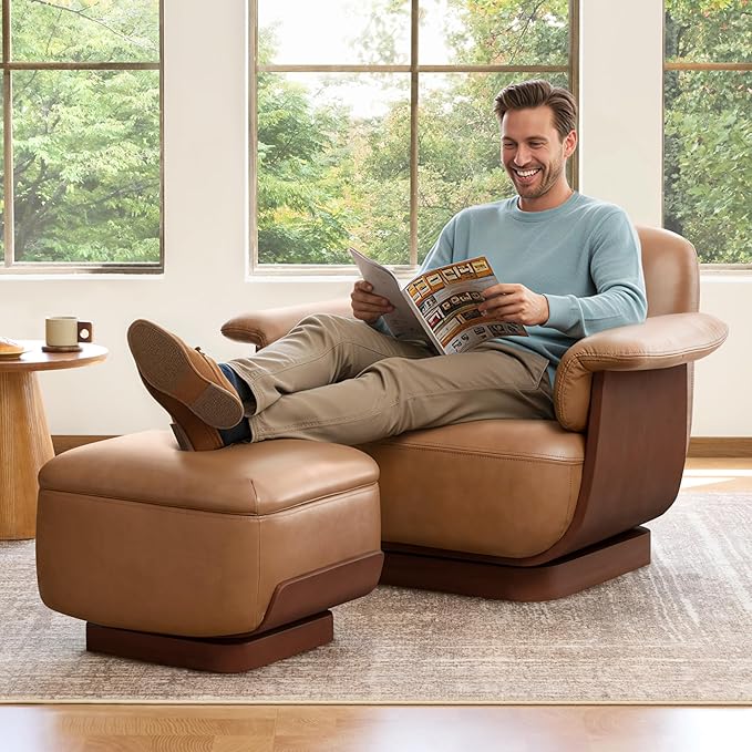 CHITA Genuine Leather Reclining Swivel Chair with Storage Ottoman, Modern Living Room Accent Chair with Lounge Seat for Bedroom, Office, Saddle