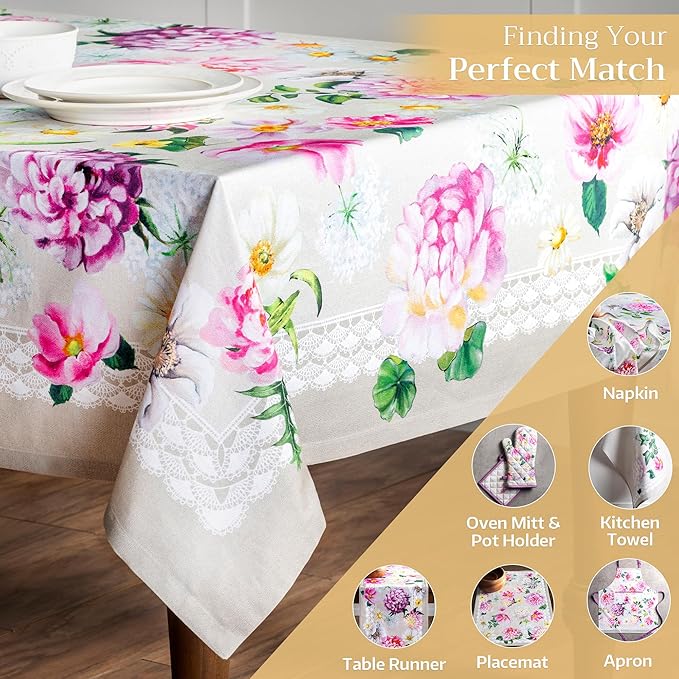 Maison d' Hermine Table Cloth Rectangle Table 100% Cotton 60 x 120 Inches Tablecloth Reusable Decorative for Dining Room Farmhouse Home Valentines Day Decorations Spring Summer - Pivoine