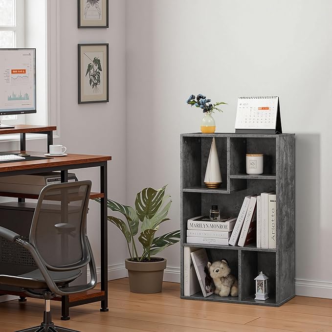 VECELO 5 Cube Modern Bookcases, 3 Tier Bookshelves, 31 Inch High Cubby Storage Organizer, Shelf Hight Up to 12.8 Inches Suit for Most Books, Vertical or Horizontal Use Available,Grey
