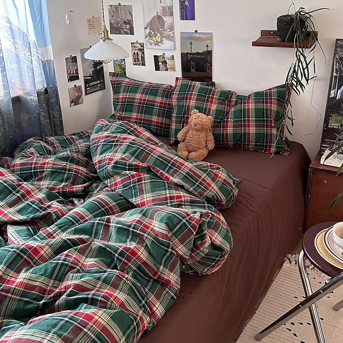 mixinni Vintage Green Buffalo Plaid Washed Cotton Duvet Cover Twin - Soft Breathable Textured Bedding Set with Zipper Closure for All Seasons-1 Duvet Cover + 2 Pillow Shams-Twin Size