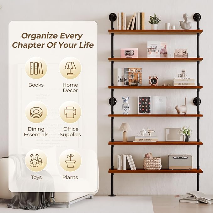 6 Tier Industrial Ladder Shelf Bookcase, Wall Mounted Rustic Bookshelf for Living Room Decor and Storage (Walnut Color, 6 Tier - 10" D x 48" W x 82.5" H)