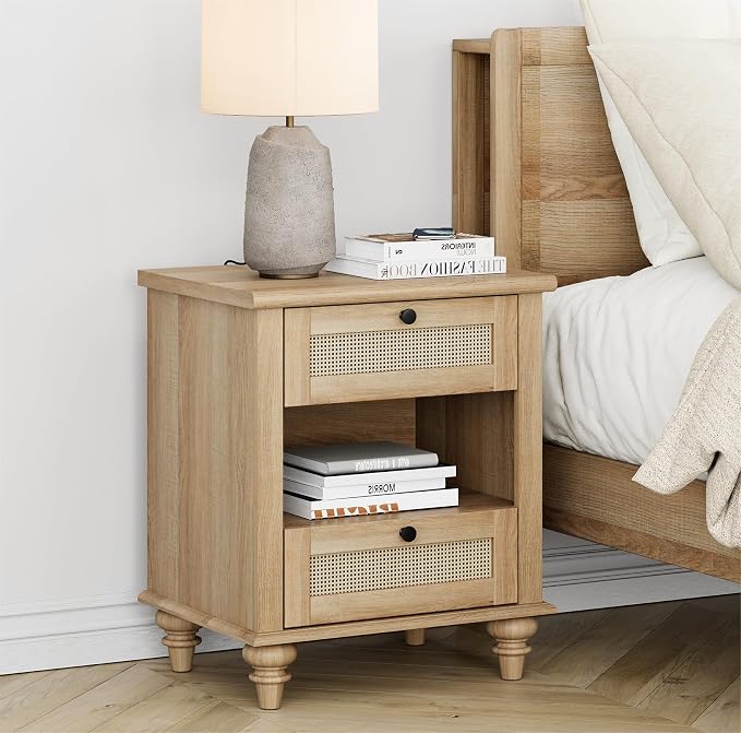 WAMPAT Rattan End Table with Charging Station for Living, Small Sofa Side Table with 2 Drawers & Open Shelf, Farmhouse Wooden Night Stand Retro Bedside Table for Living Room, Light Oak