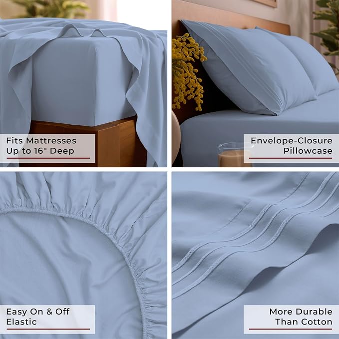 Mellanni Twin Sheets Set - 3 PC Iconic Collection Bedding - Hotel Luxury, Extra Soft, Cooling Bed Sheets - Wrinkle, Fade, Stain Resistant (Twin, Sky Blue)