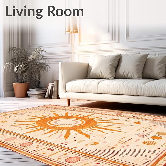 Flatwoven High Traffic Area Rug 8x10, Boho Retro Sun Rug with Vintage Warmth and Welcome Motif for Indoor, Non Slip, Stain Resistant, Washable Area Rugs for Living Room, Bedroom (Beige, 8x10)