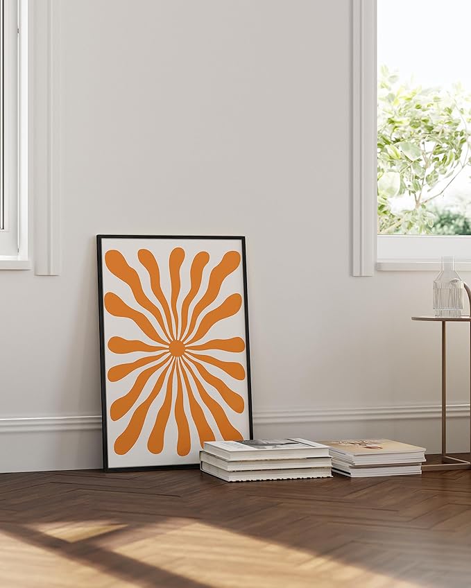 HAUS AND HUES Sun Wall Art - Colorful Abstract Orange Decor, Bright Sunset Artwork (Black Frame, 24x36)